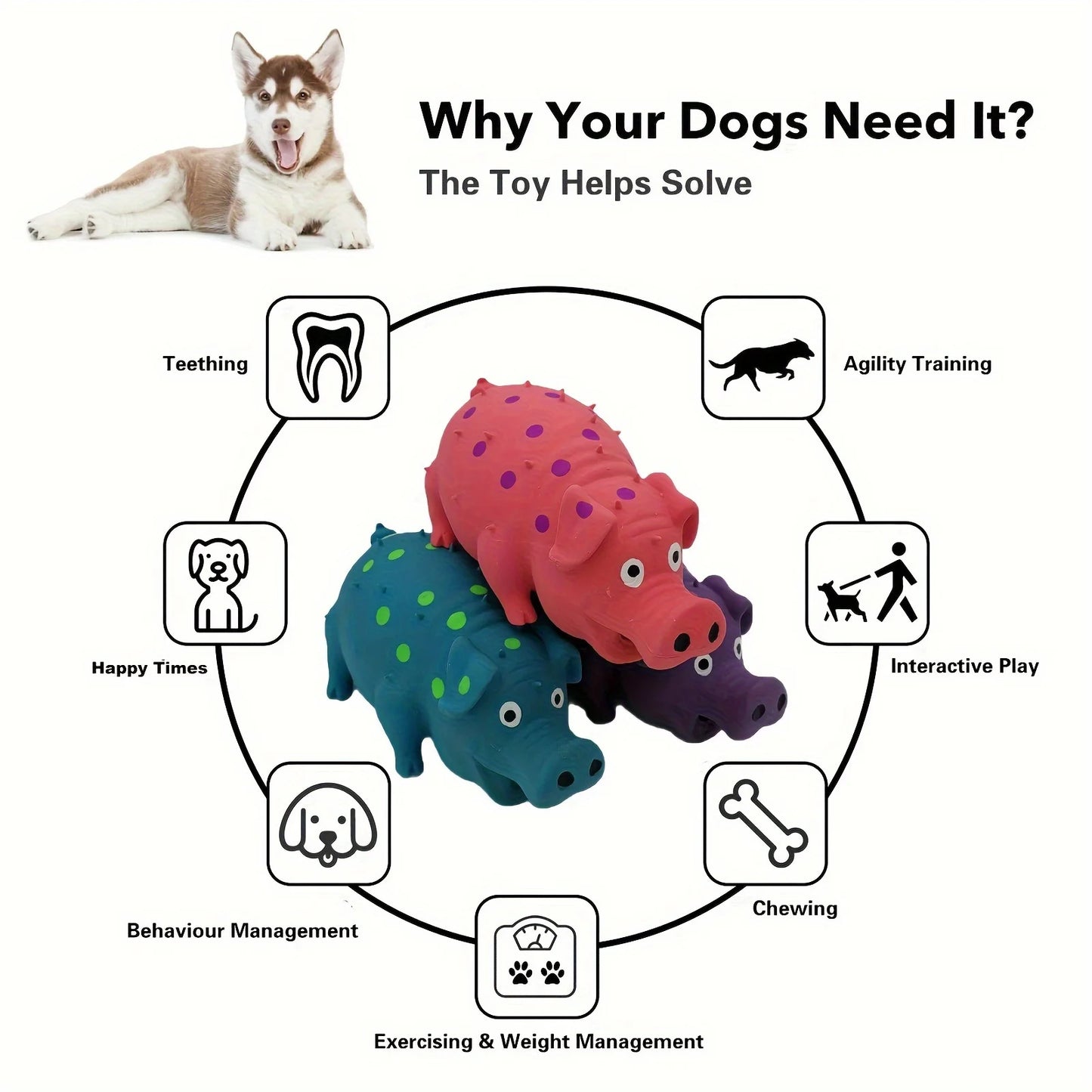 Latex pig shaped dog chew toy with squeaking and polka dot design, teeth cleaning interactive toy suitable for all dog breeds