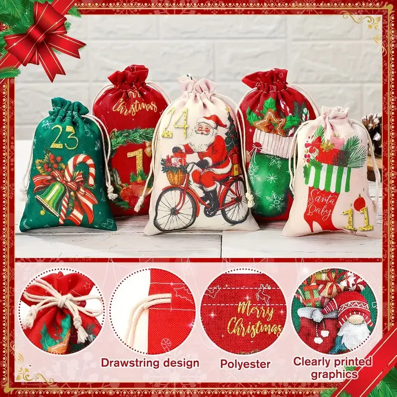 24PcsChristmas Advent Calendar Number Bags Christmas Gift Burlap Drawstring Bags DIY Countdown Advent Calendar Set,Gift Bags