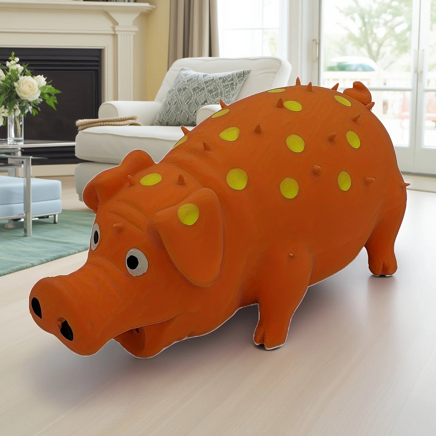Latex pig shaped dog chew toy with squeaking and polka dot design, teeth cleaning interactive toy suitable for all dog breeds