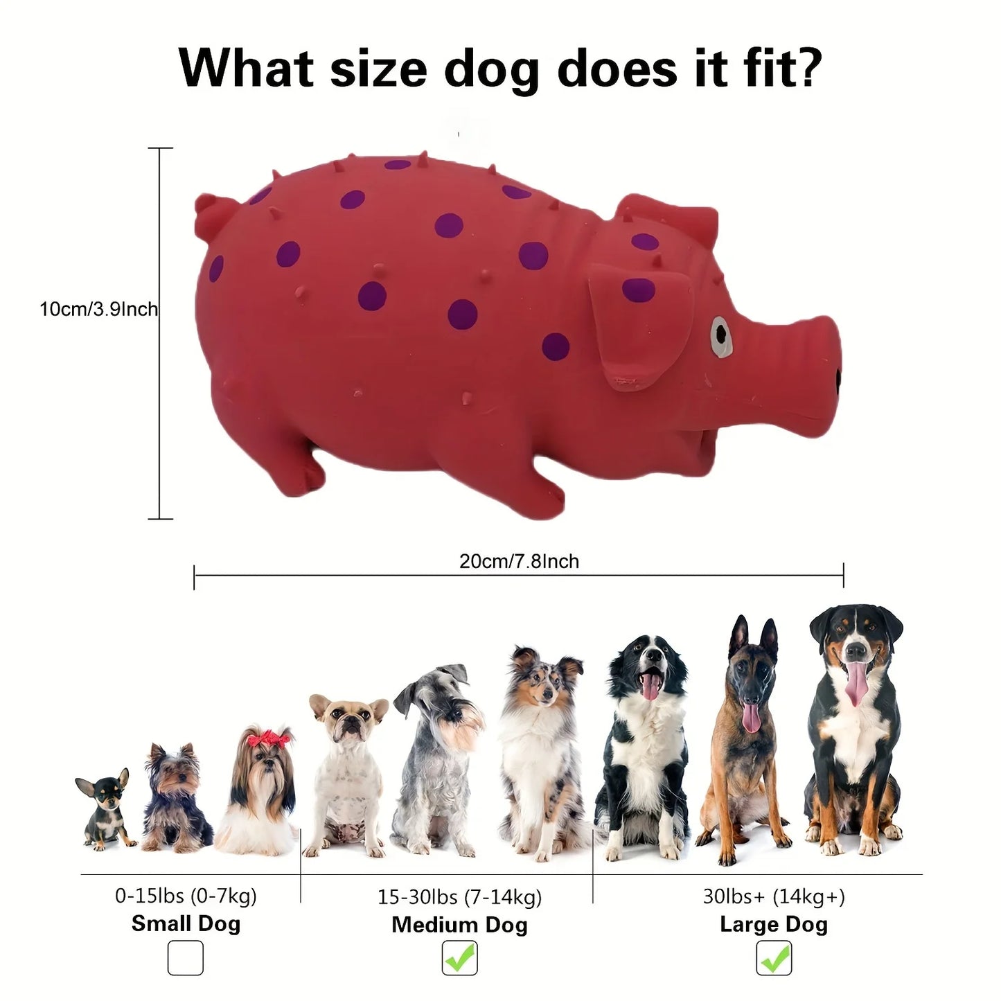 Latex pig shaped dog chew toy with squeaking and polka dot design, teeth cleaning interactive toy suitable for all dog breeds