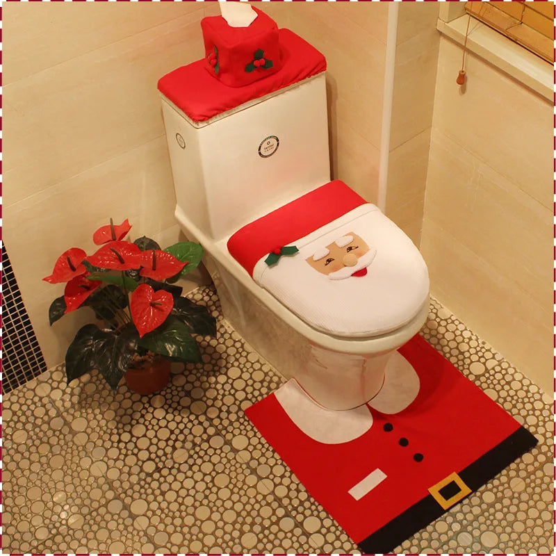 Christmas Bathroom Decoration Set Christmas Indoor Home Decor Toilet Set with Toilet Seat Cover Toilet Paper Box Cover and Rugs