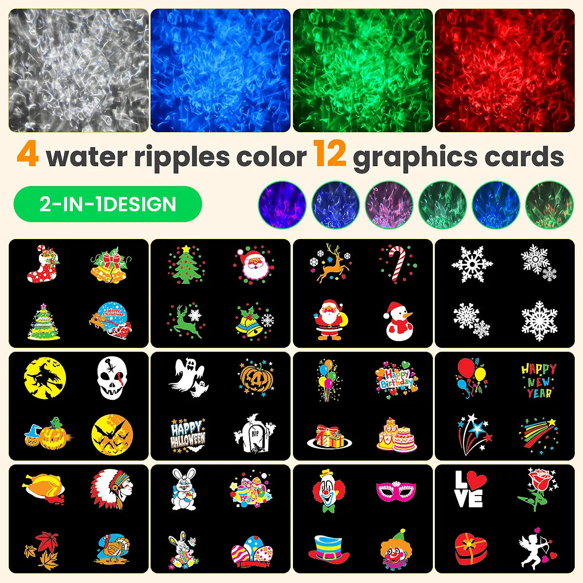 2-in-1 Holiday Projector Light, Double Head 4 Kinds Ocean Waves &12 Pattern Cards, Remote Control, Timer for Halloween Christmas