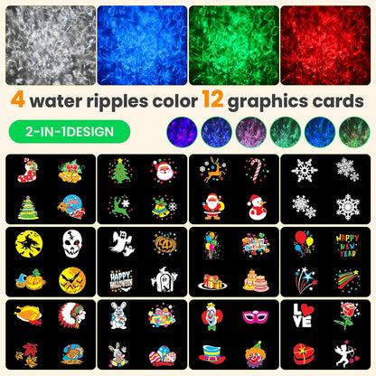 2-in-1 Holiday Projector Light, Double Head 4 Kinds Ocean Waves &12 Pattern Cards, Remote Control, Timer for Halloween Christmas