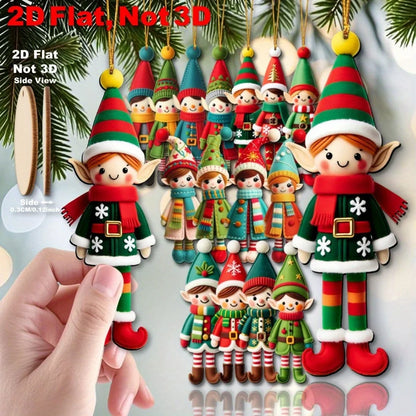 2D Flat 16pcs Set Recycled Wood Elf Figurines-Elf Ornaments with Expressive Faces & Poses,New Year,Thanksgiving Tree Decorations