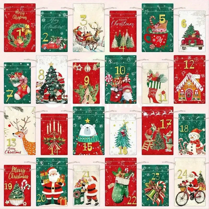 24PcsChristmas Advent Calendar Number Bags Christmas Gift Burlap Drawstring Bags DIY Countdown Advent Calendar Set,Gift Bags
