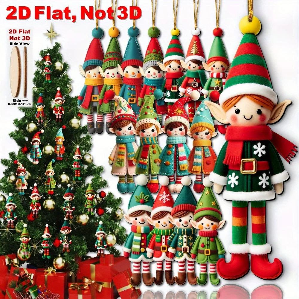 2D Flat 16pcs Set Recycled Wood Elf Figurines-Elf Ornaments with Expressive Faces & Poses,New Year,Thanksgiving Tree Decorations