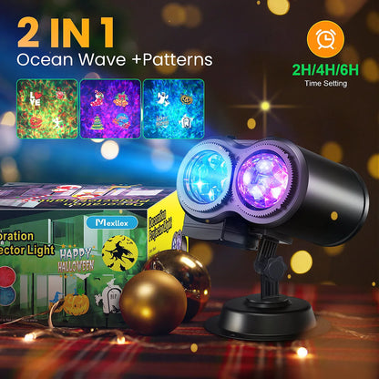 2-in-1 Holiday Projector Light, Double Head 4 Kinds Ocean Waves &12 Pattern Cards, Remote Control, Timer for Halloween Christmas