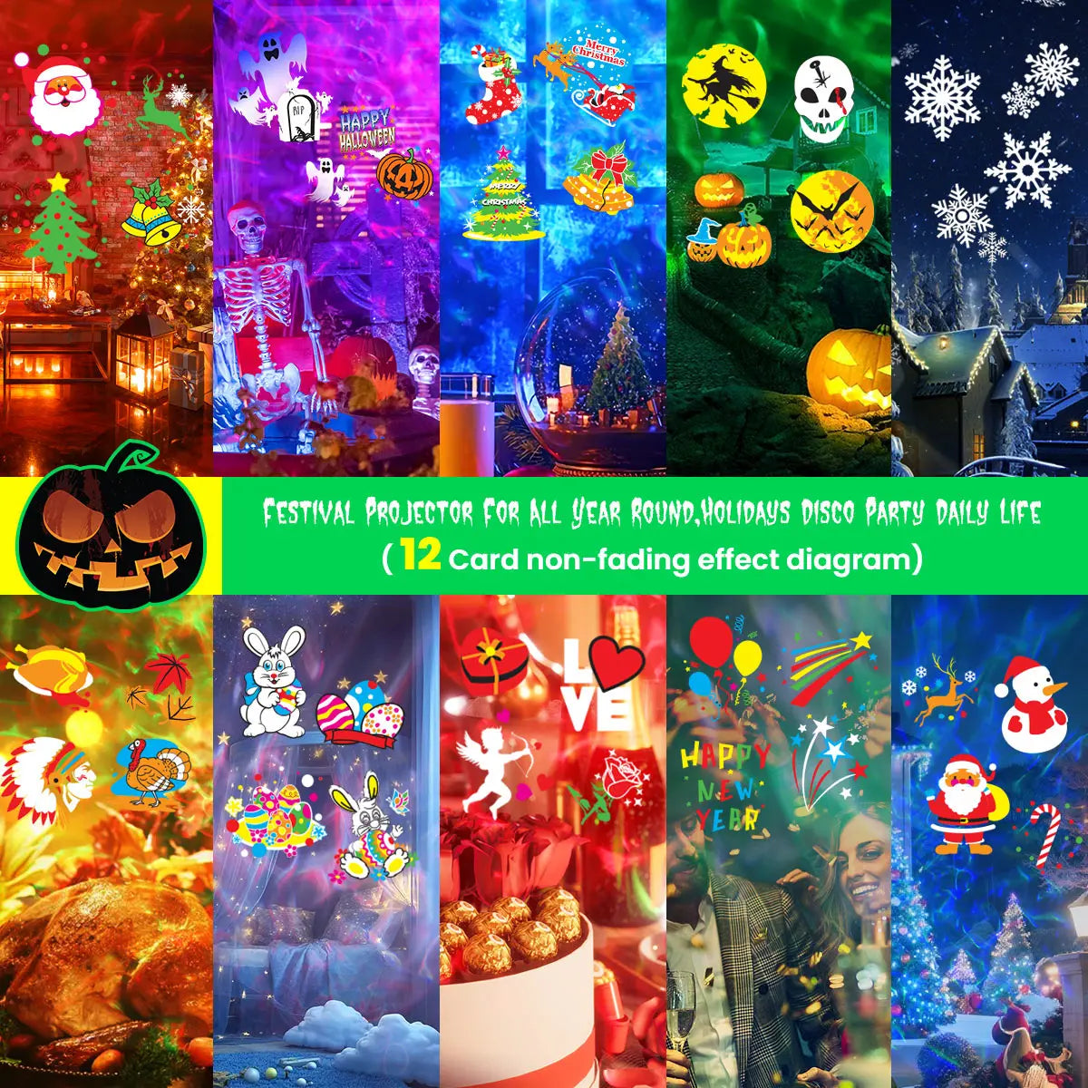 2-in-1 Holiday Projector Light, Double Head 4 Kinds Ocean Waves &12 Pattern Cards, Remote Control, Timer for Halloween Christmas