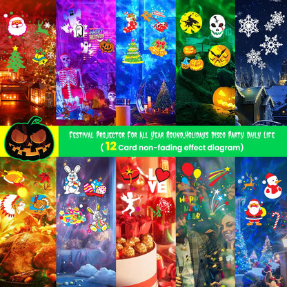 2-in-1 Holiday Projector Light, Double Head 4 Kinds Ocean Waves &12 Pattern Cards, Remote Control, Timer for Halloween Christmas