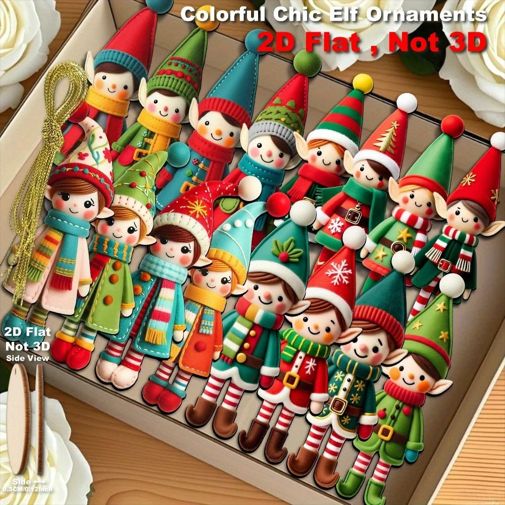 2D Flat 16pcs Set Recycled Wood Elf Figurines-Elf Ornaments with Expressive Faces & Poses,New Year,Thanksgiving Tree Decorations