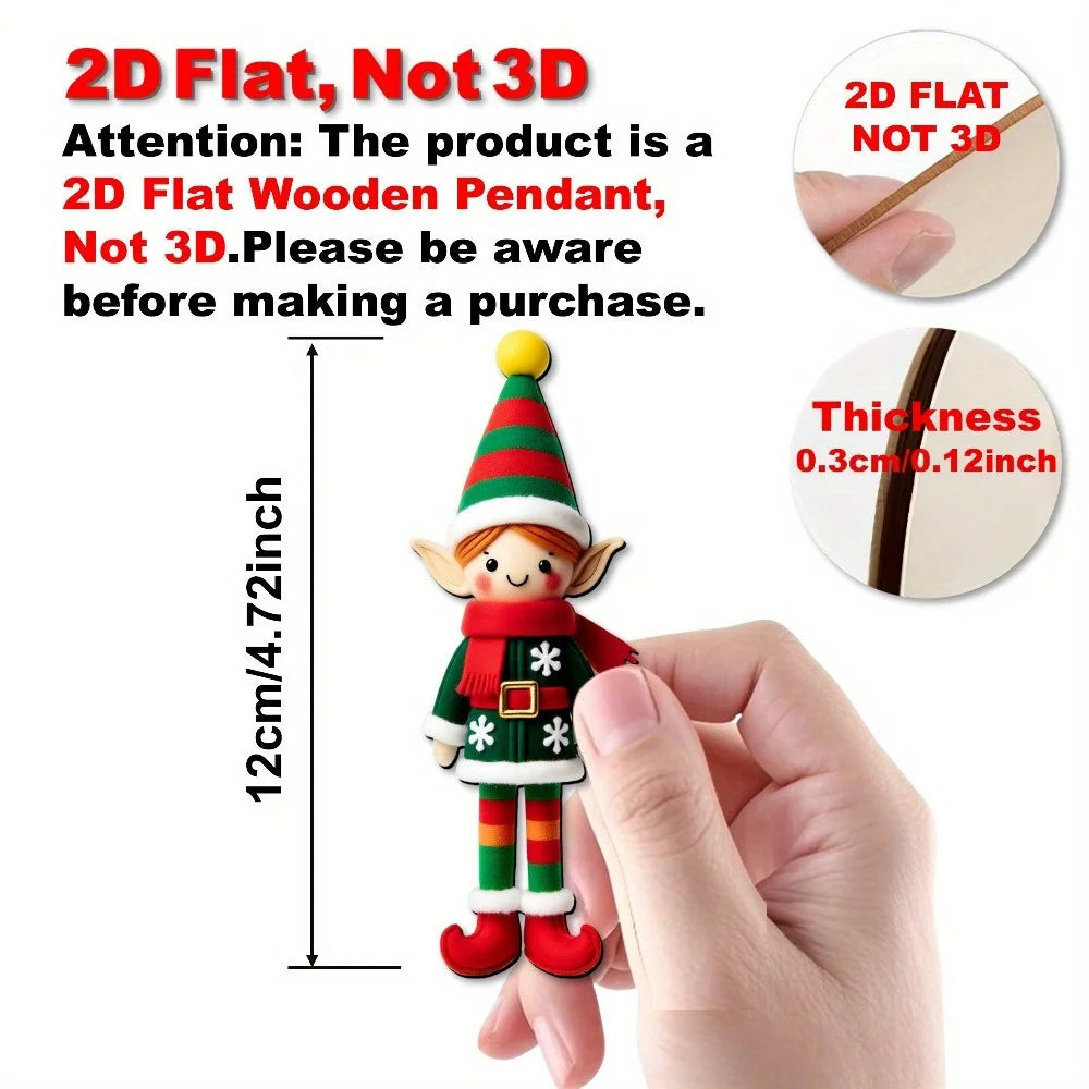 2D Flat 16pcs Set Recycled Wood Elf Figurines-Elf Ornaments with Expressive Faces & Poses,New Year,Thanksgiving Tree Decorations