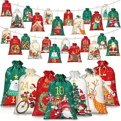 24PcsChristmas Advent Calendar Number Bags Christmas Gift Burlap Drawstring Bags DIY Countdown Advent Calendar Set,Gift Bags
