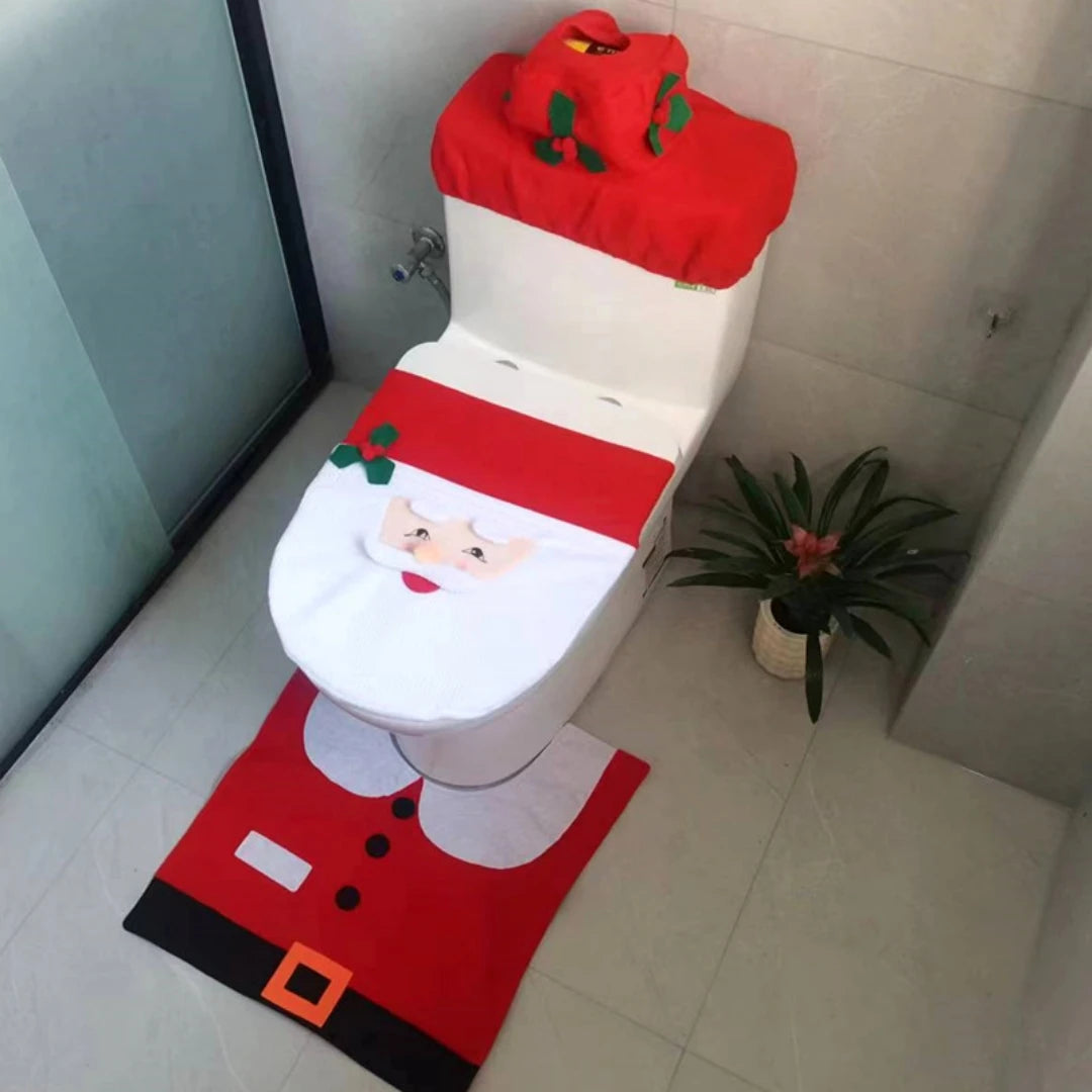 Christmas Bathroom Decoration Set Christmas Indoor Home Decor Toilet Set with Toilet Seat Cover Toilet Paper Box Cover and Rugs