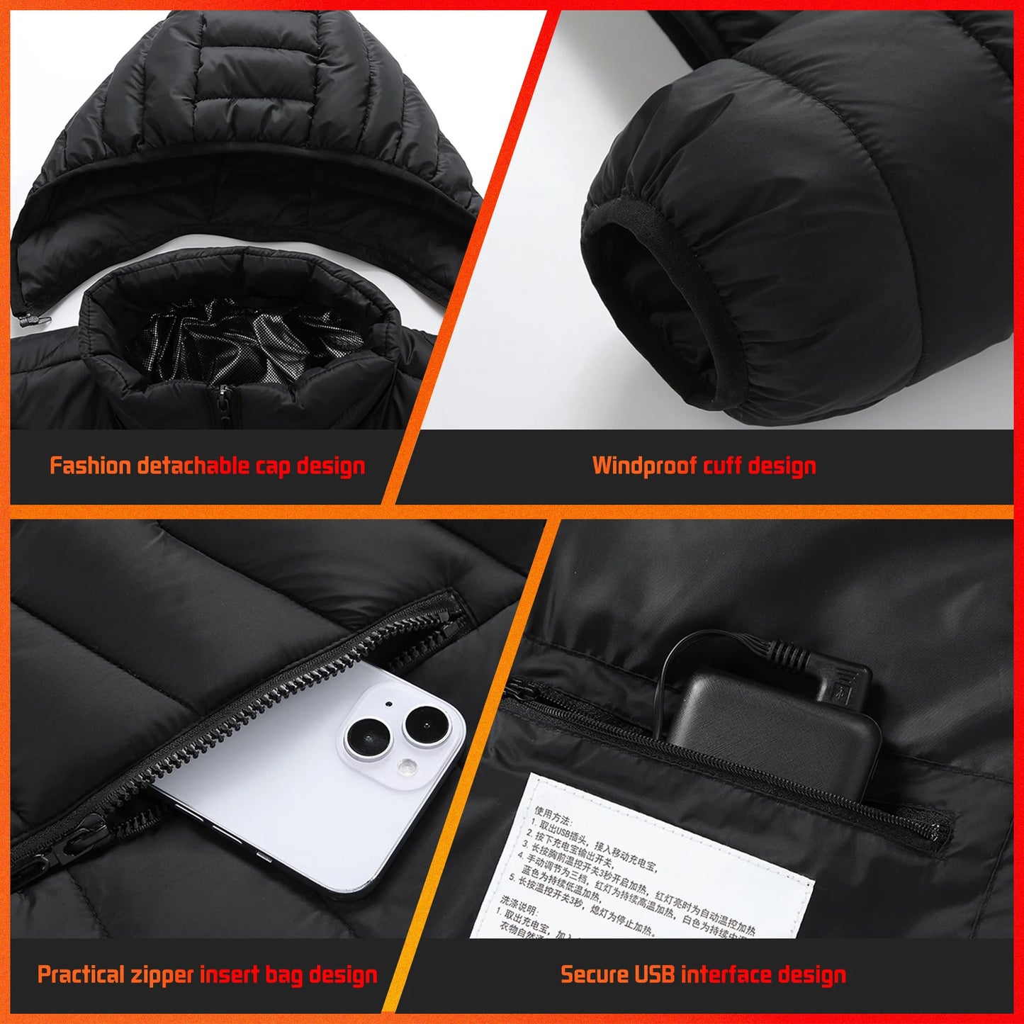 Wind and fire protection USB powered motorcycle heating jacket