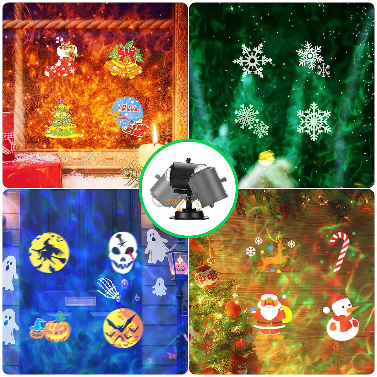 2-in-1 Holiday Projector Light, Double Head 4 Kinds Ocean Waves &12 Pattern Cards, Remote Control, Timer for Halloween Christmas