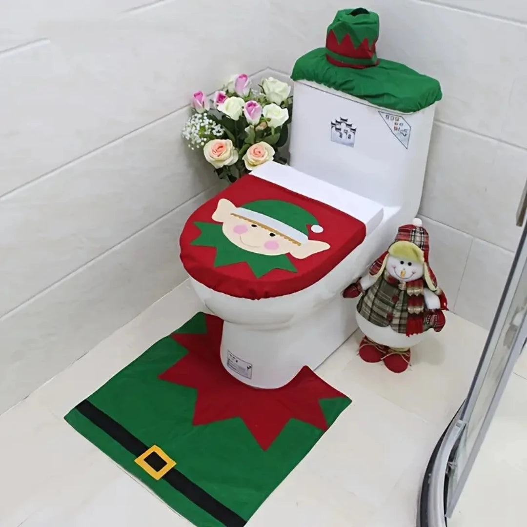 Christmas Bathroom Decoration Set Christmas Indoor Home Decor Toilet Set with Toilet Seat Cover Toilet Paper Box Cover and Rugs