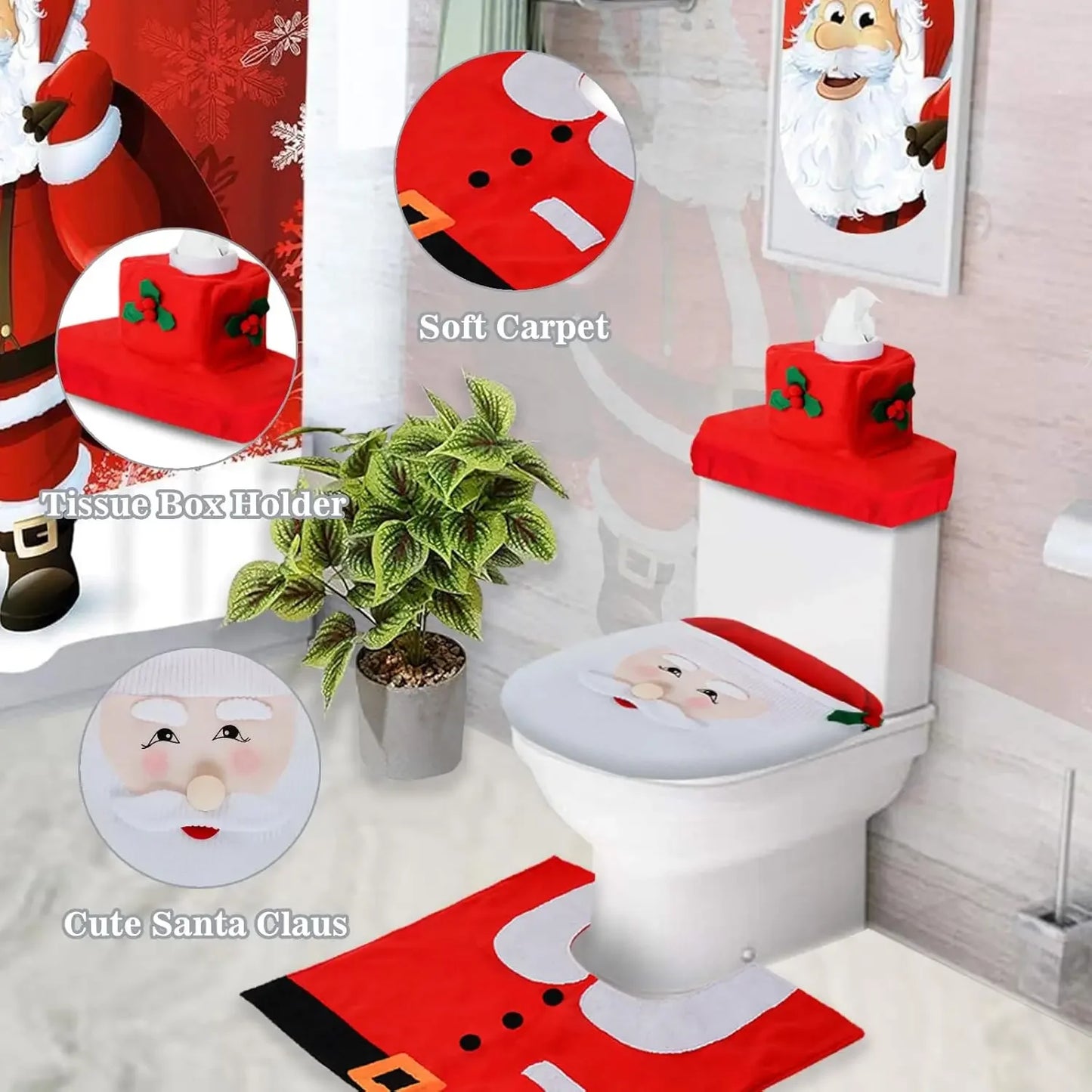 Christmas Bathroom Decoration Set Christmas Indoor Home Decor Toilet Set with Toilet Seat Cover Toilet Paper Box Cover and Rugs