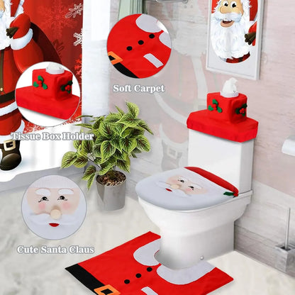 Christmas Bathroom Decoration Set Christmas Indoor Home Decor Toilet Set with Toilet Seat Cover Toilet Paper Box Cover and Rugs