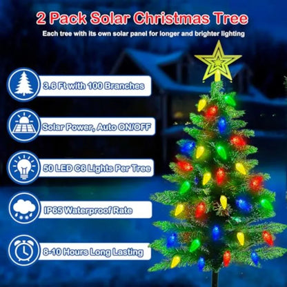 2Pack 3.6FT Solar Christmas Tree Outdoor Christmas Decorations with 8 Lighting Modes and 100 LED Lights Waterproof SolarPowered