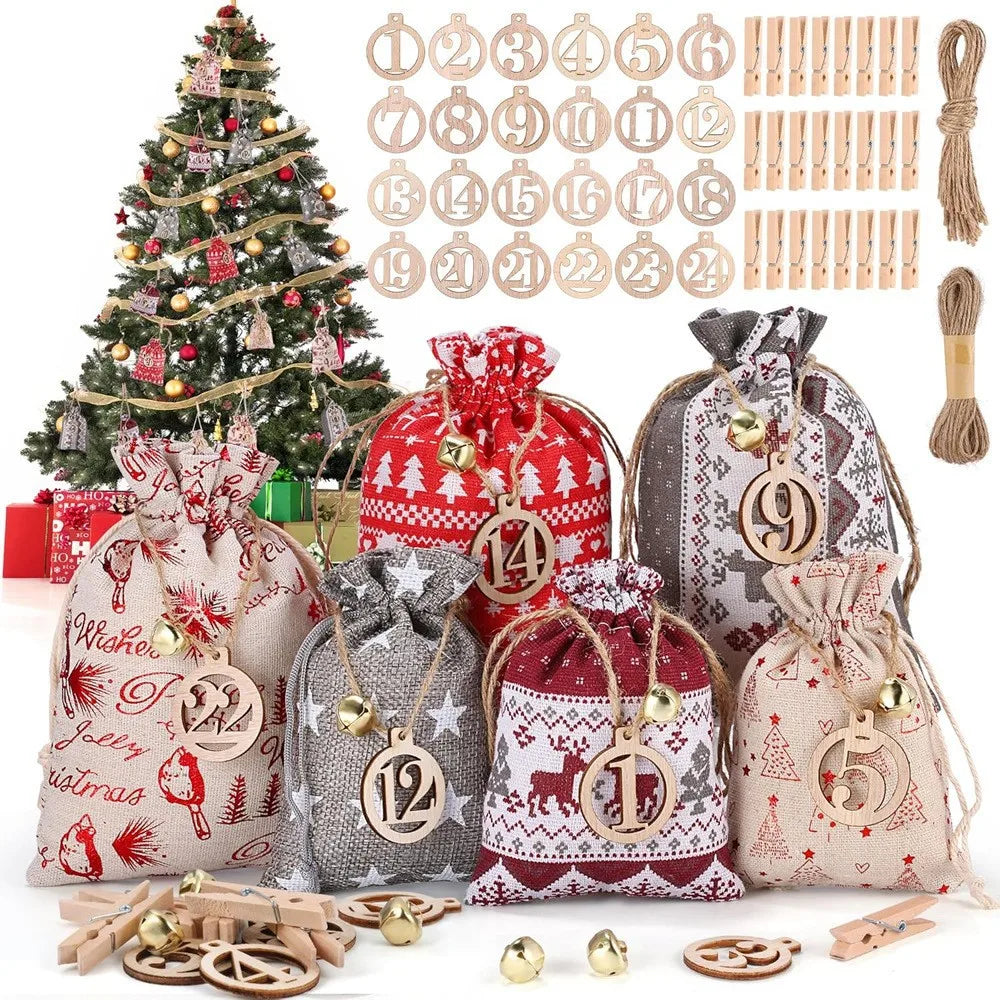 24PcsChristmas Advent Calendar Number Bags Christmas Gift Burlap Drawstring Bags DIY Countdown Advent Calendar Set,Gift Bags
