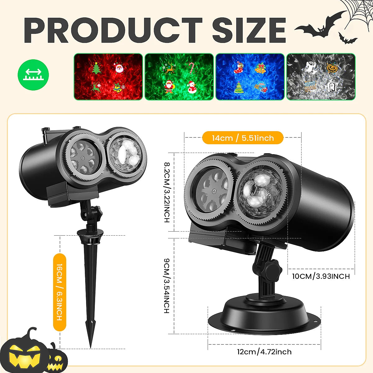 2-in-1 Holiday Projector Light, Double Head 4 Kinds Ocean Waves &12 Pattern Cards, Remote Control, Timer for Halloween Christmas