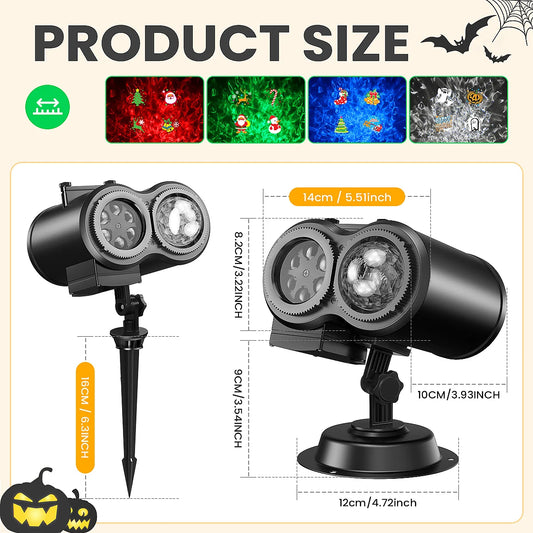 2-in-1 Holiday Projector Light, Double Head 4 Kinds Ocean Waves &12 Pattern Cards, Remote Control, Timer for Halloween Christmas