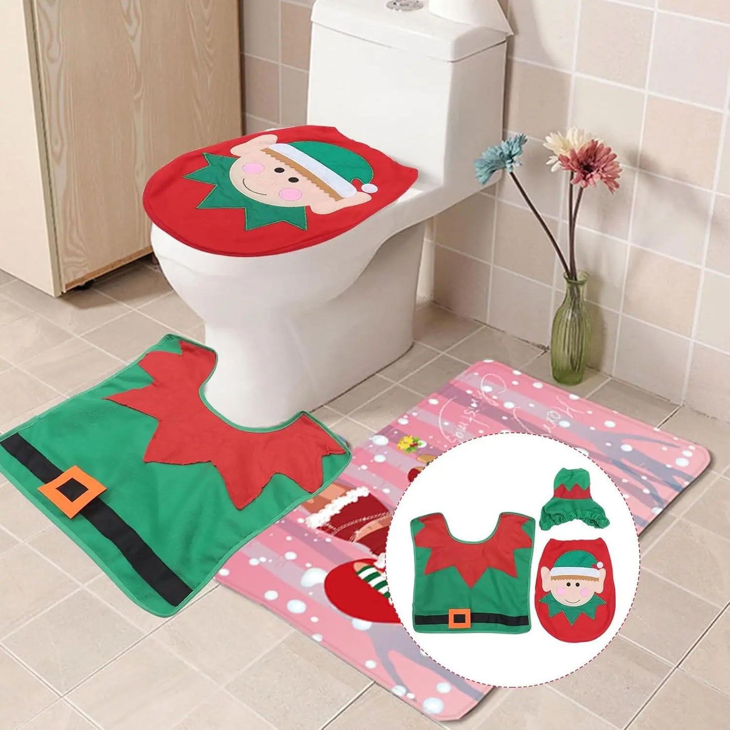 Christmas Bathroom Decoration Set Christmas Indoor Home Decor Toilet Set with Toilet Seat Cover Toilet Paper Box Cover and Rugs
