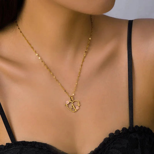 Dainty Floral Accented Heart Letter Initial Necklace